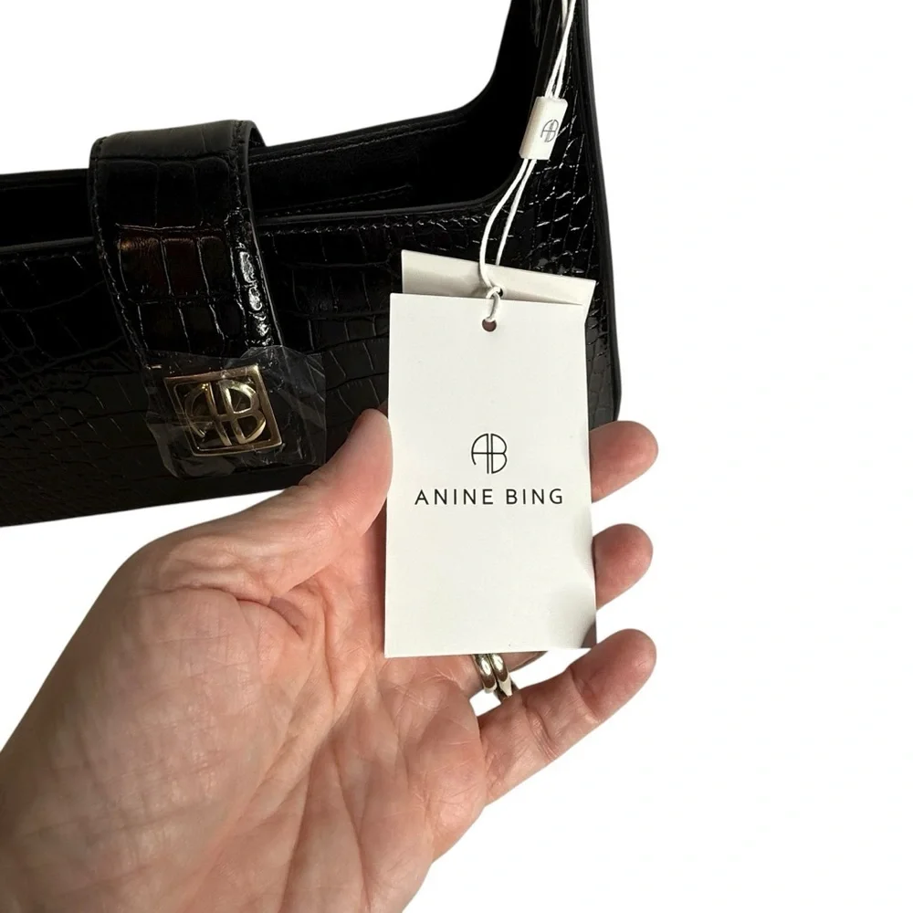 Anine Bing Mini Grace Shoulder Bag in Black Embossed Croc - Picture 12 of 13